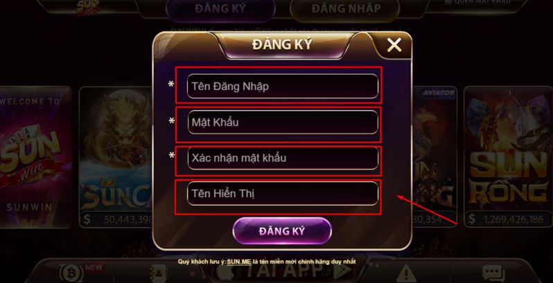 Điền đầy đủ thông tin đăng ký Sunwin